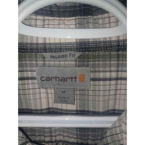 Carhartt Shirt Mens Medium Green Button Up Relaxed Fit Plaid Short Sleeve Pocket - Picture 4 of 5